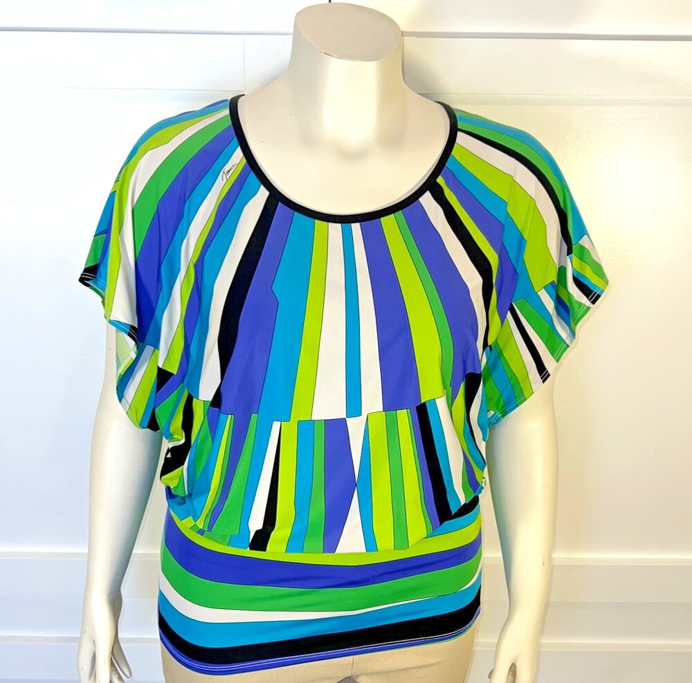 Trina Turk Blouse Top Womens XL Blue Green Short Dolman Sleeve Vibrant Geometric